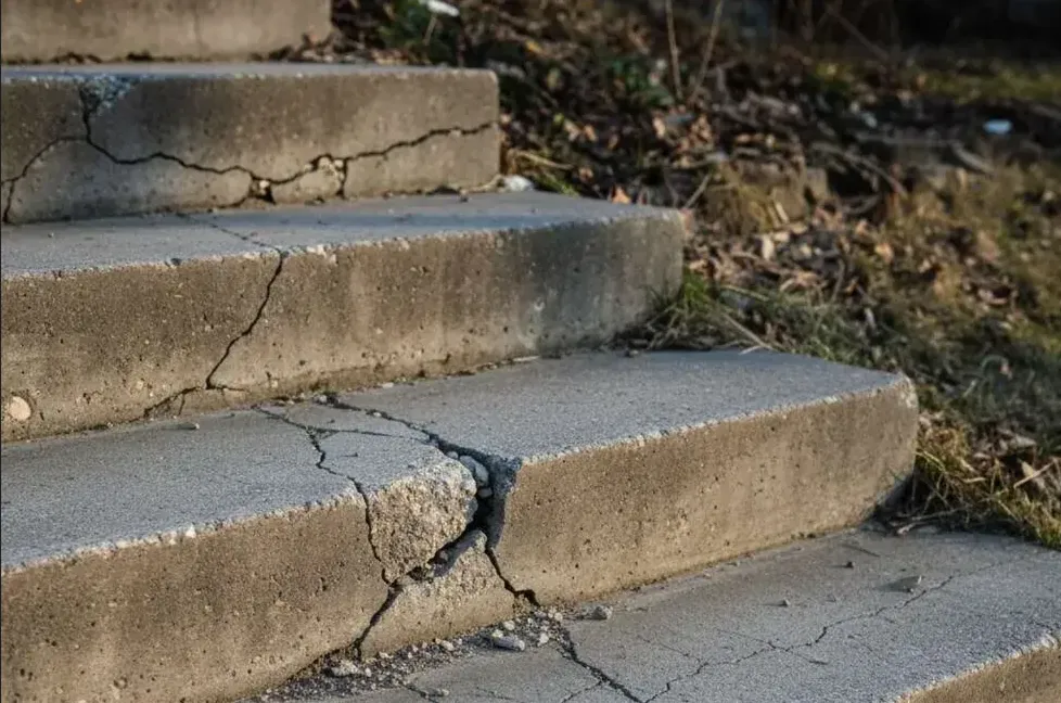 Crumbling concrete steps and sidewalks