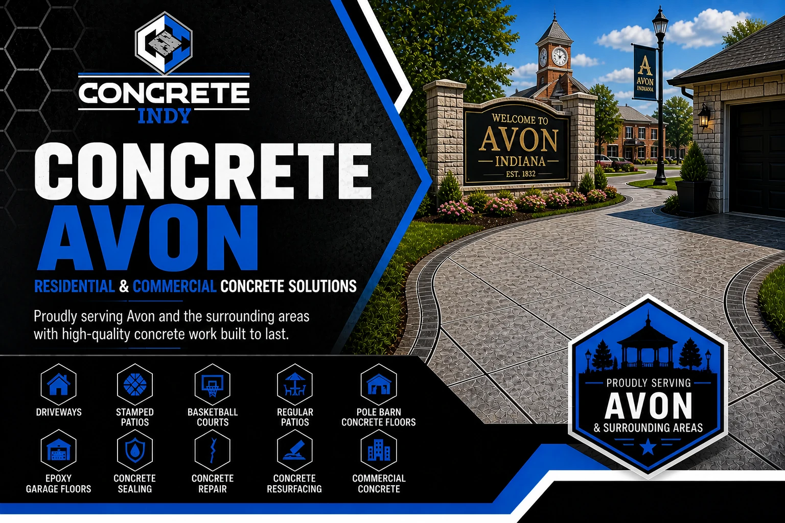 Concrete Indy Avon, Indiana service-area graphic for residential and commercial concrete
