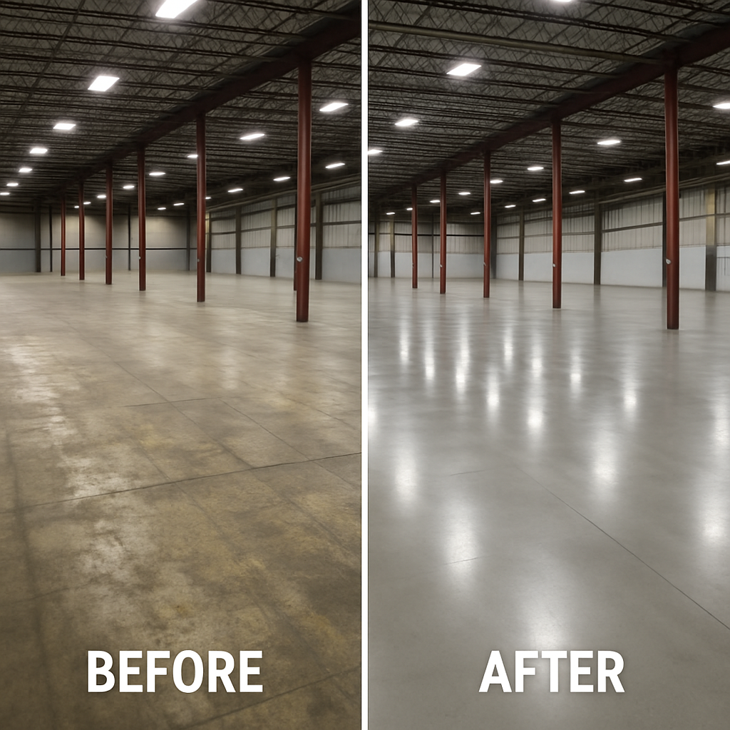 Industrial floor epoxy coating before and after in Greenwood, IN